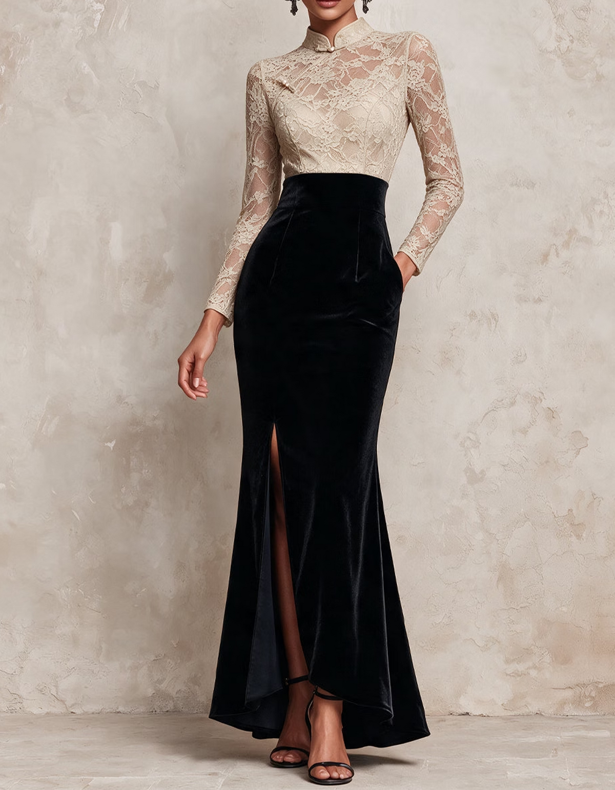 Mandarin Collar Lace Velvet Splice Mermaid Slit Maxi Dress