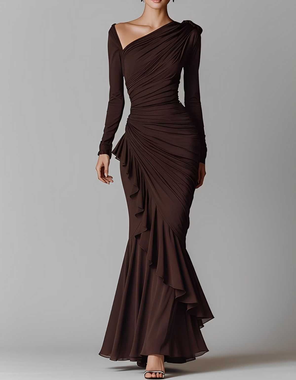 Asymmetric Long Sleeve Ruched Maxi Dress