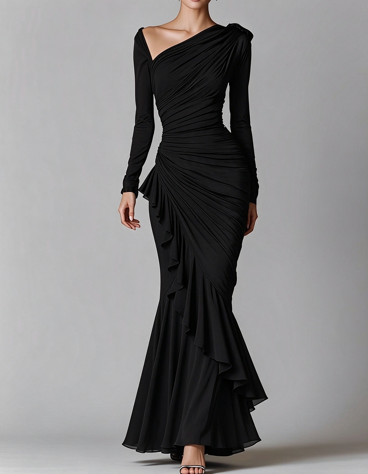 Asymmetric Long Sleeve Ruched Maxi Dress