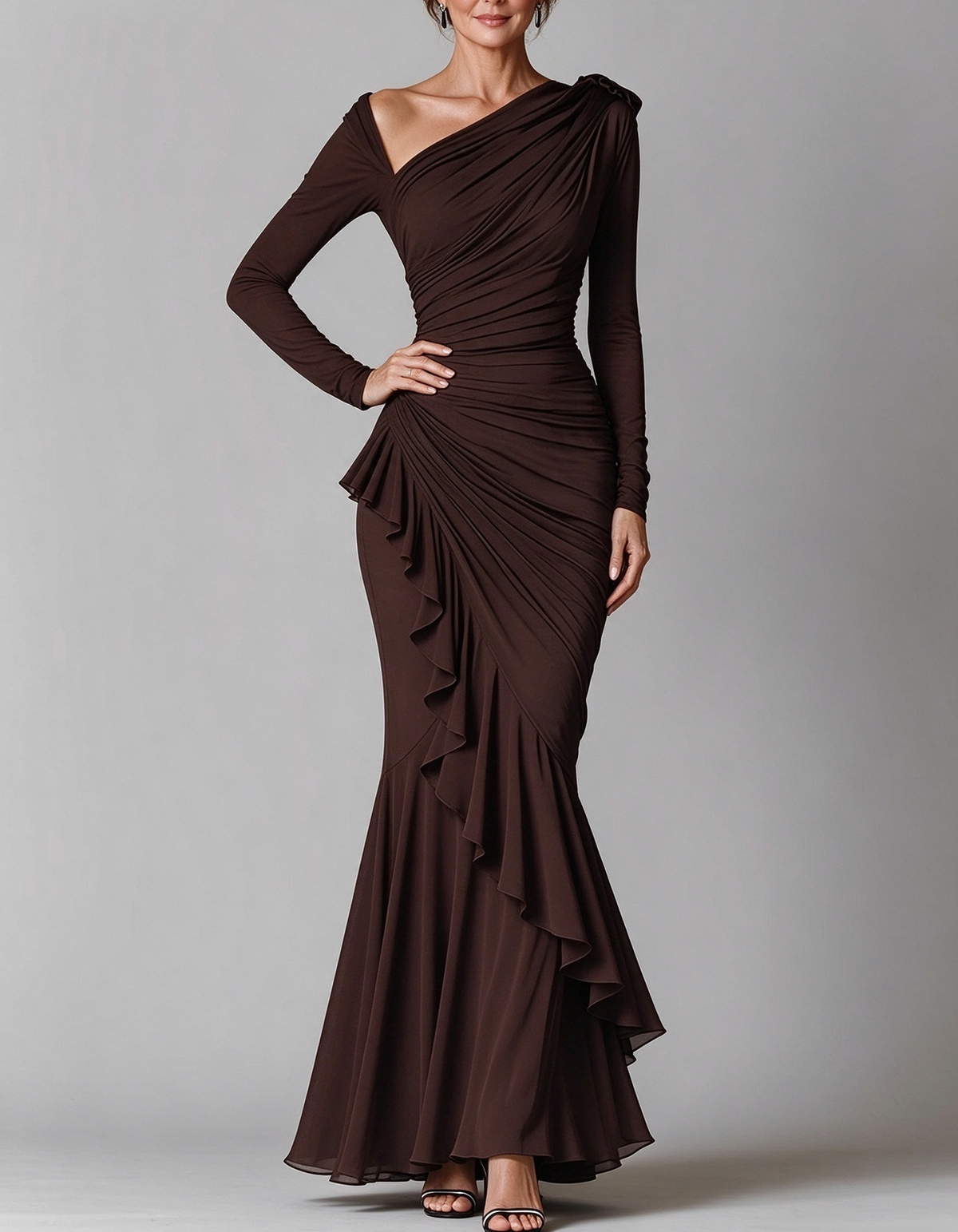 Asymmetric Long Sleeve Ruched Maxi Dress
