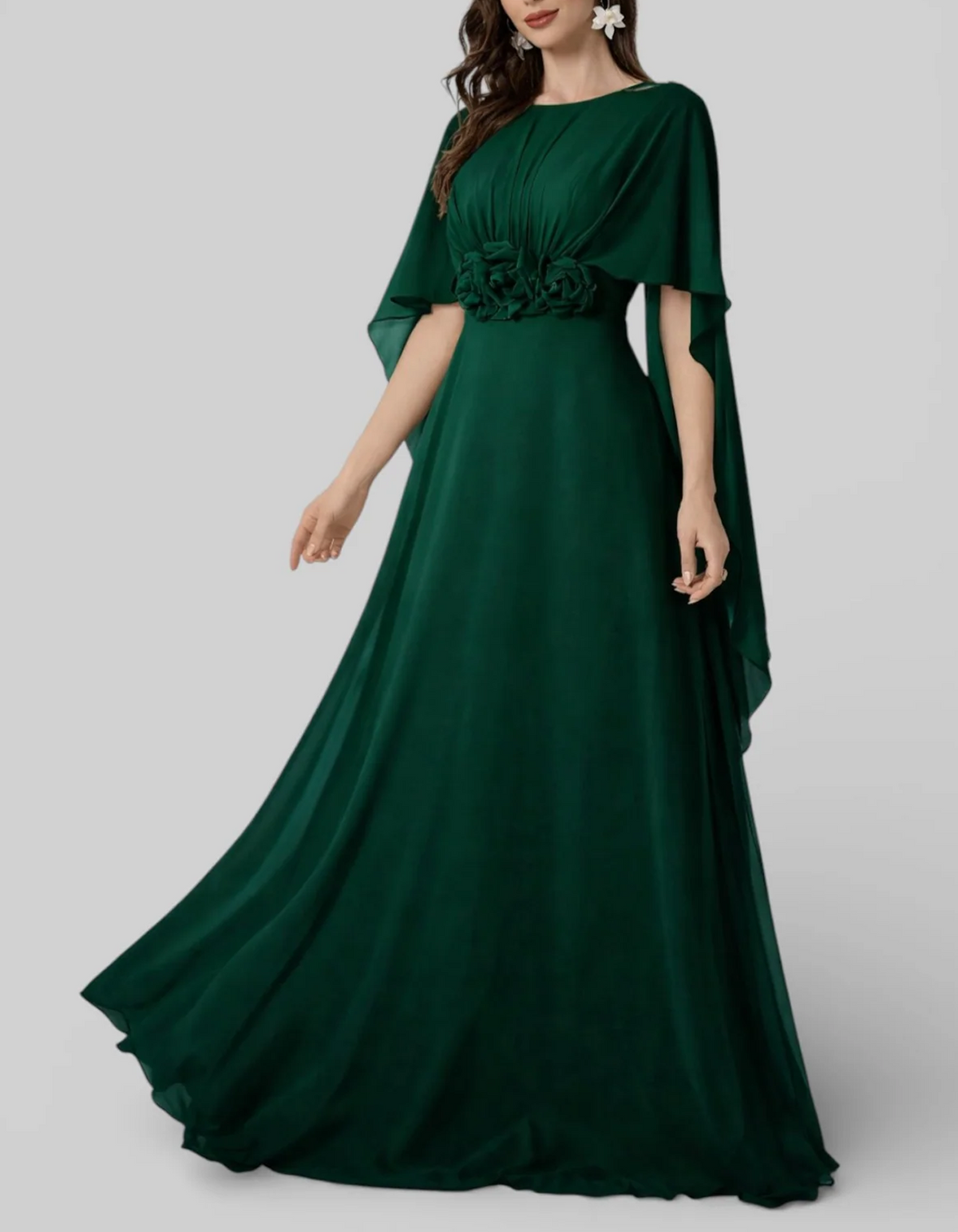 Round Neck Cape Sleeve Chiffon With 3D Floral Waist Maxi Dress