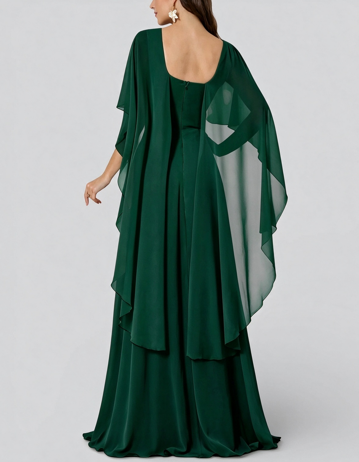 Round Neck Cape Sleeve Chiffon With 3D Floral Waist Maxi Dress