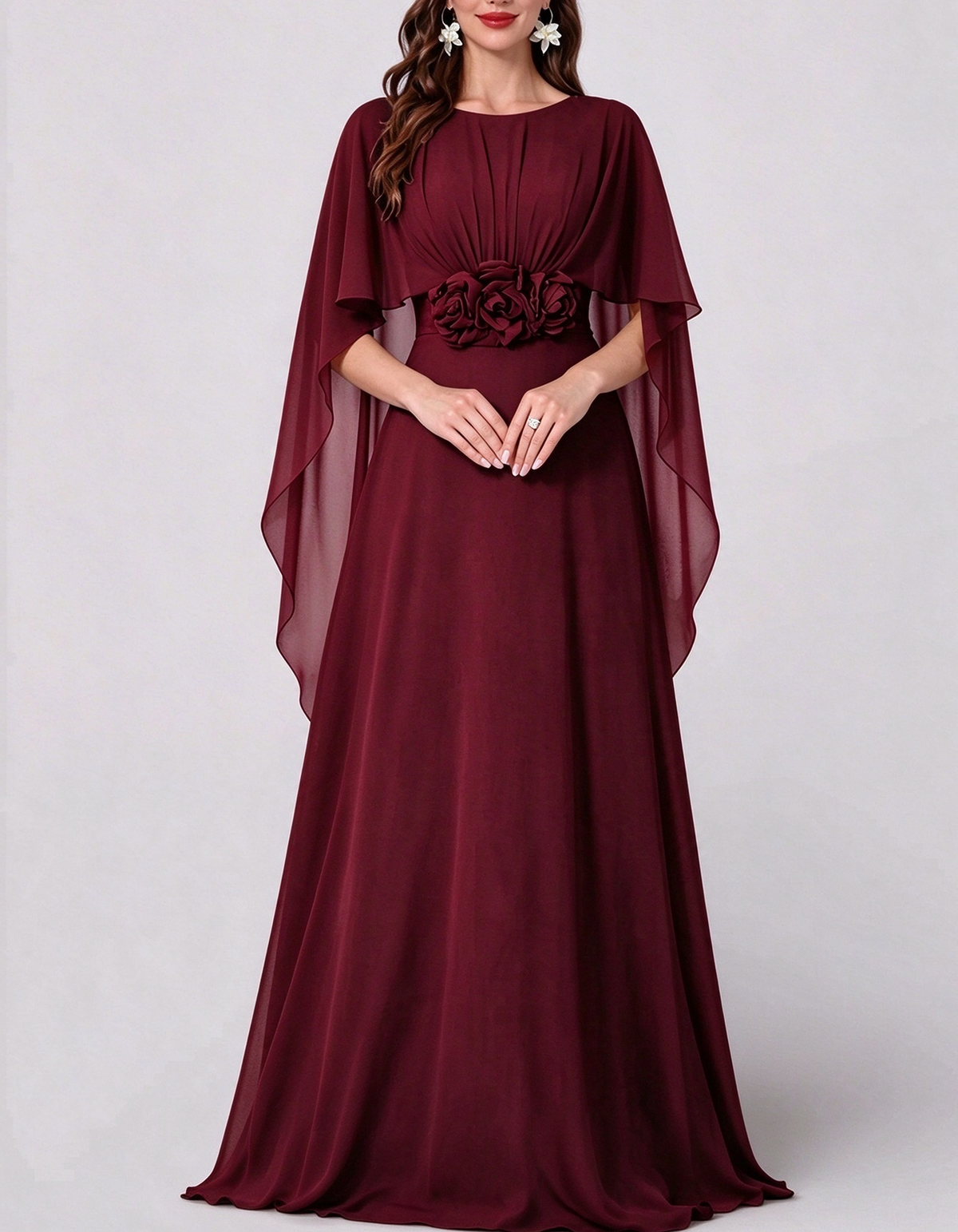 Round Neck Cape Sleeve Chiffon With 3D Floral Waist Maxi Dress