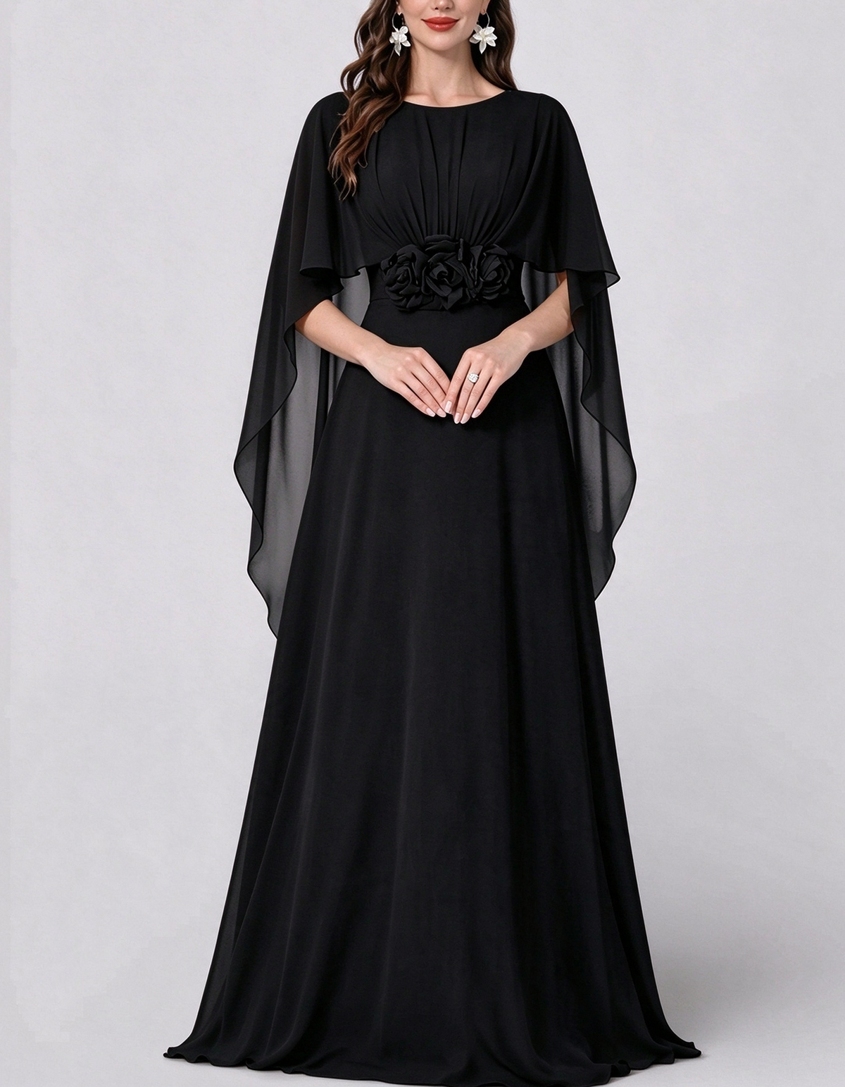 Round Neck Cape Sleeve Chiffon With 3D Floral Waist Maxi Dress