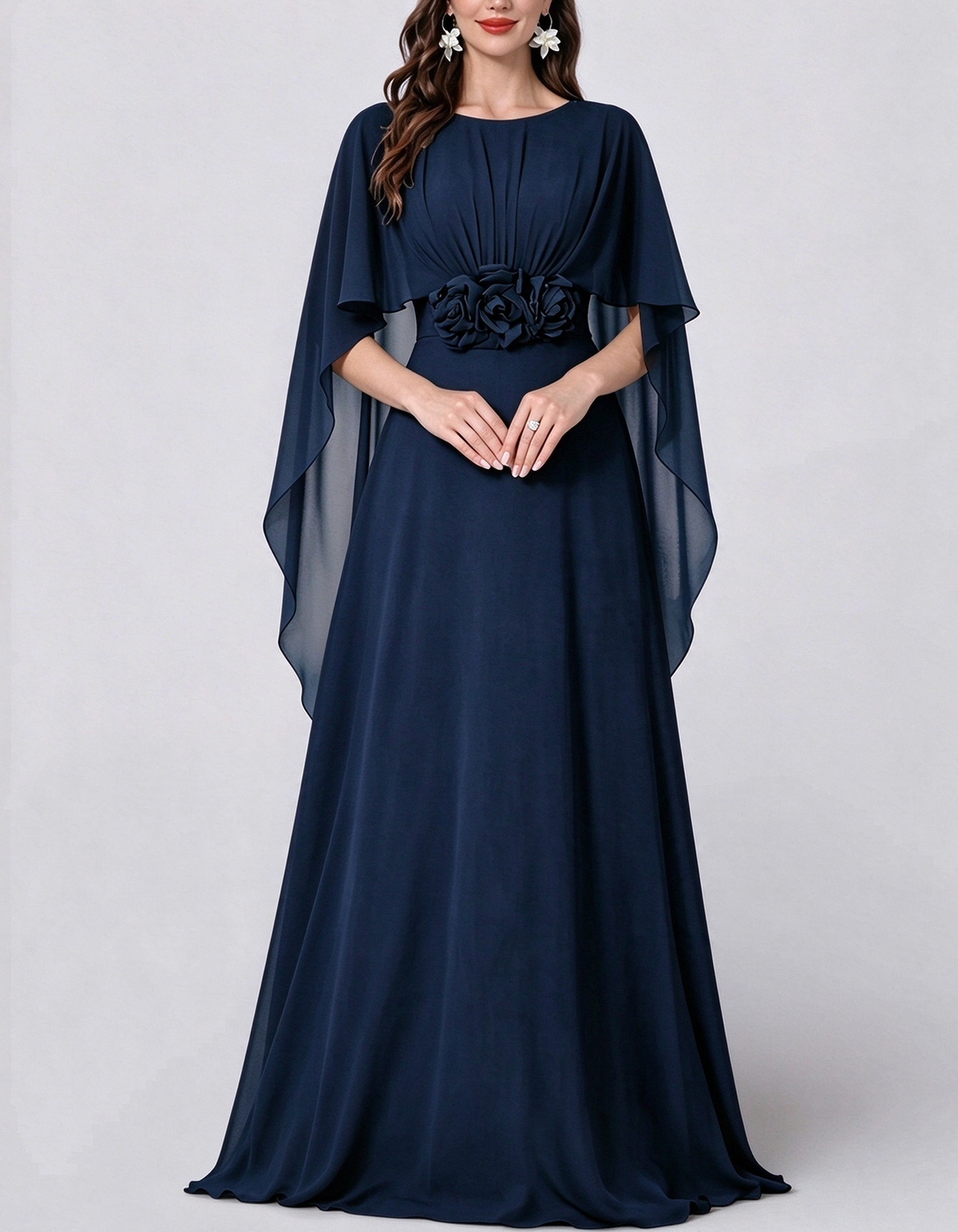 Round Neck Cape Sleeve Chiffon With 3D Floral Waist Maxi Dress
