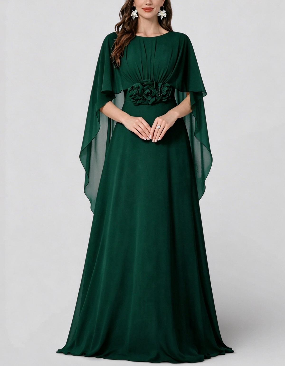 Round Neck Cape Sleeve Chiffon With 3D Floral Waist Maxi Dress