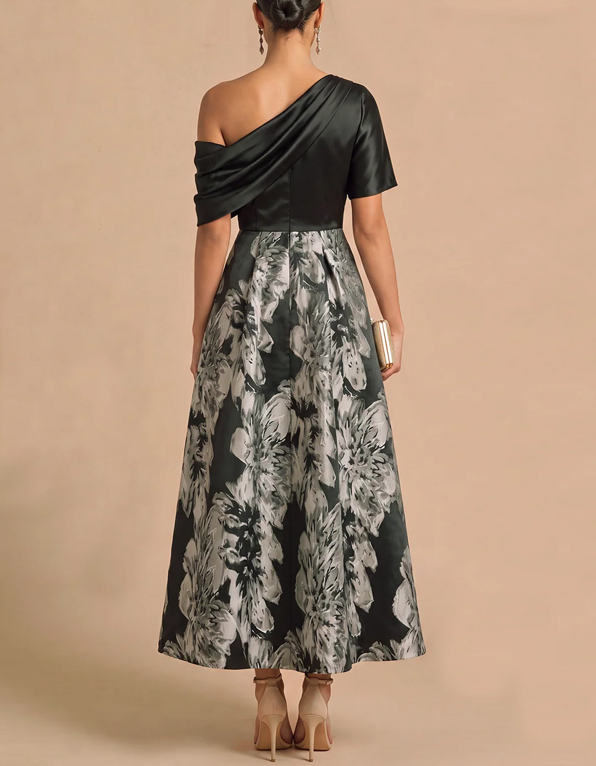 One Shoulder Draped Satin Floral Jacquard Midi Dress