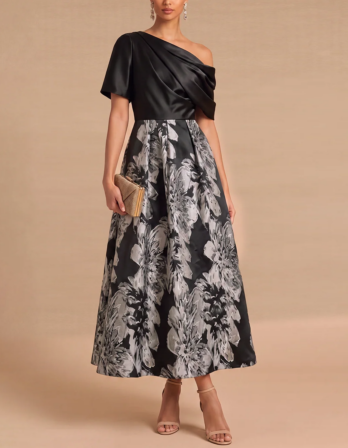 One Shoulder Draped Satin Floral Jacquard Midi Dress