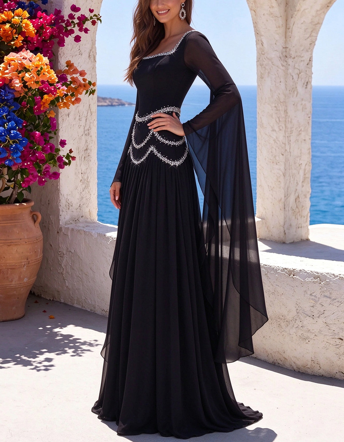 Black Square Neck Chiffon Maxi Dress