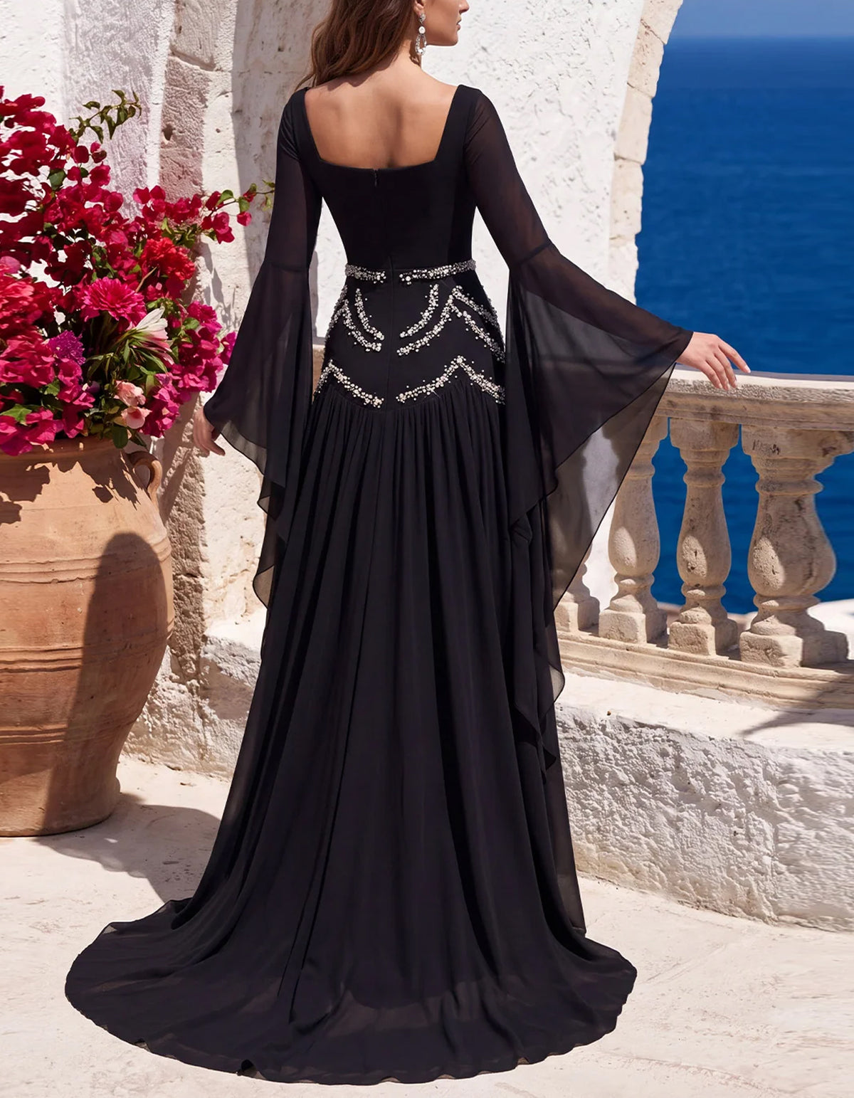 Black Square Neck Chiffon Maxi Dress
