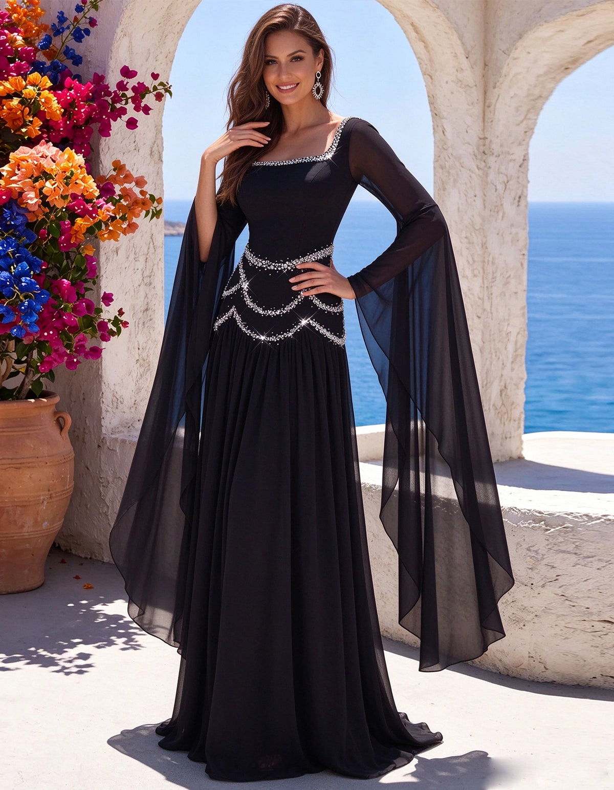 Black Square Neck Chiffon Maxi Dress