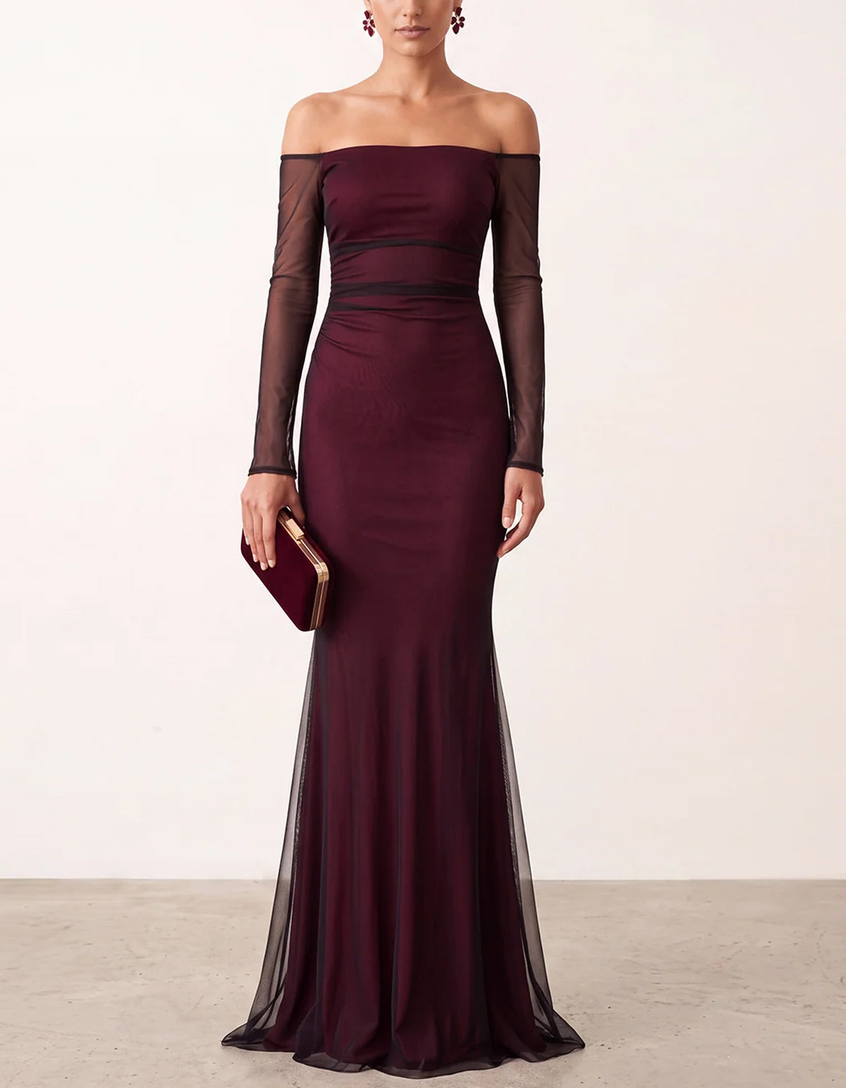 Burgundy Sheer Long Sleeve Maxi Dress