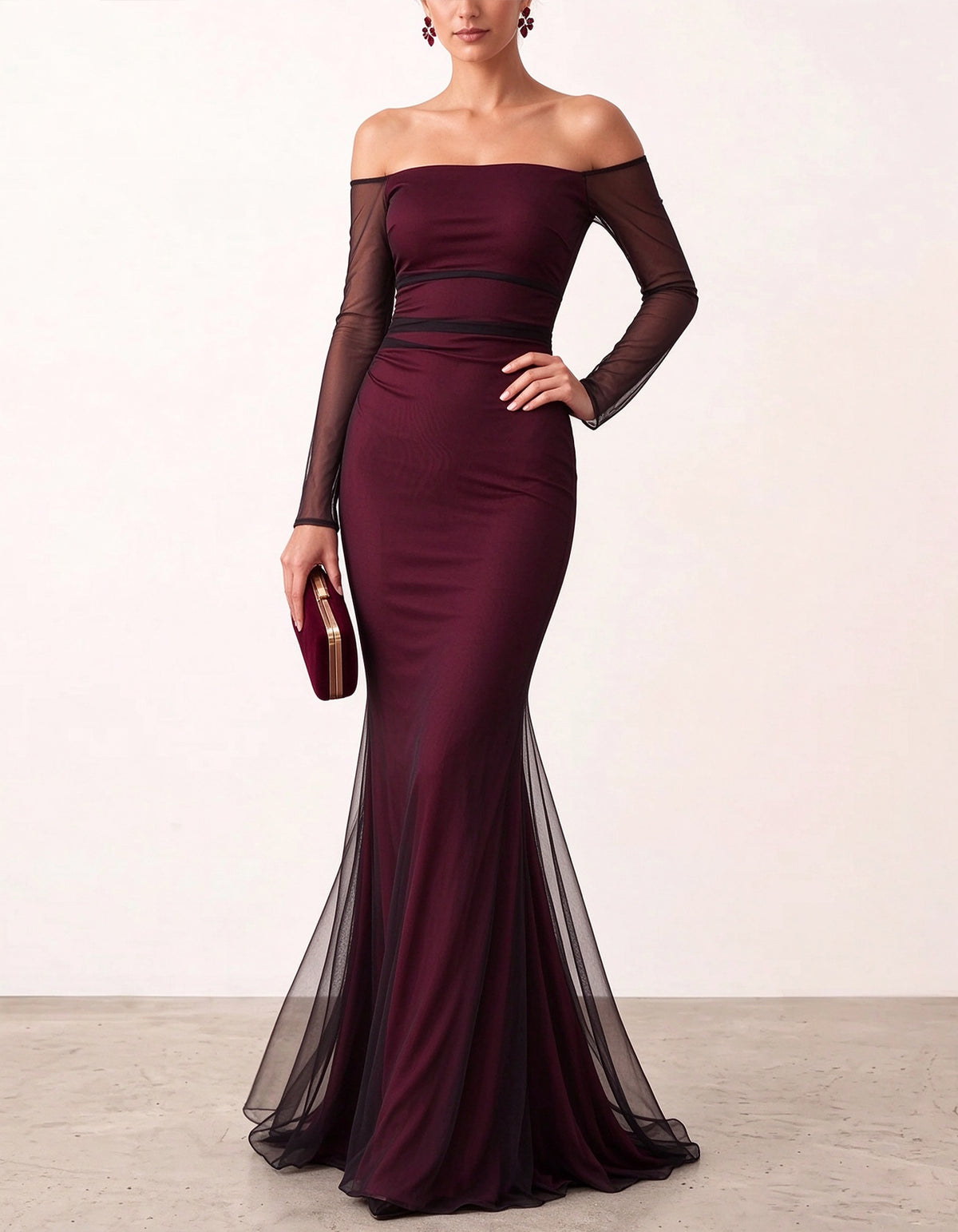 Burgundy Sheer Long Sleeve Maxi Dress