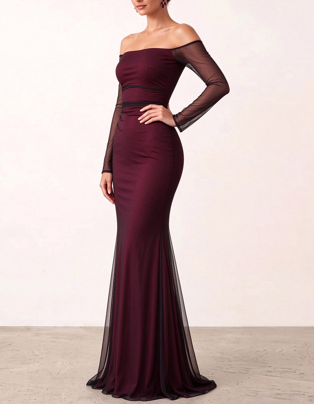 Burgundy Sheer Long Sleeve Maxi Dress