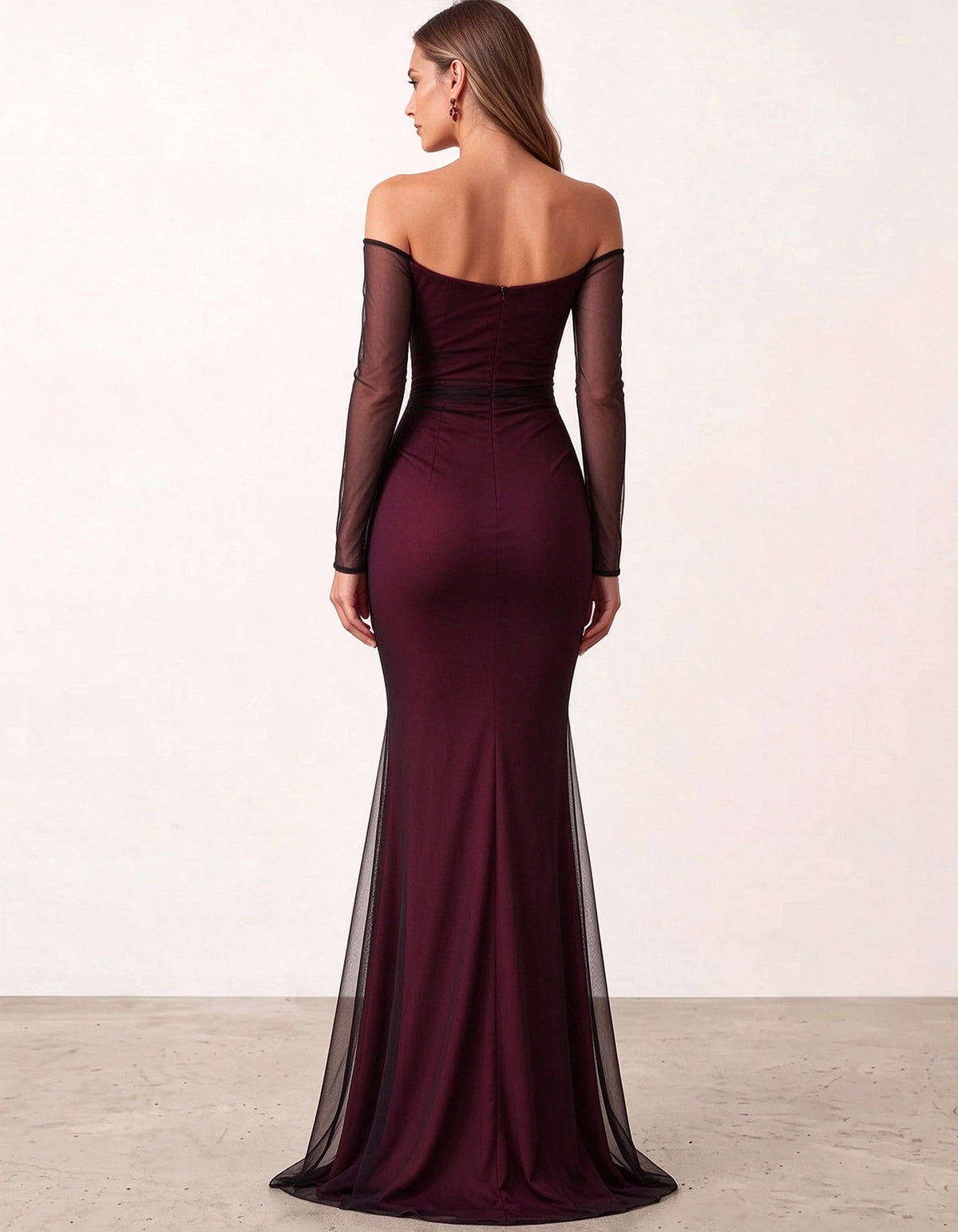Burgundy Sheer Long Sleeve Maxi Dress