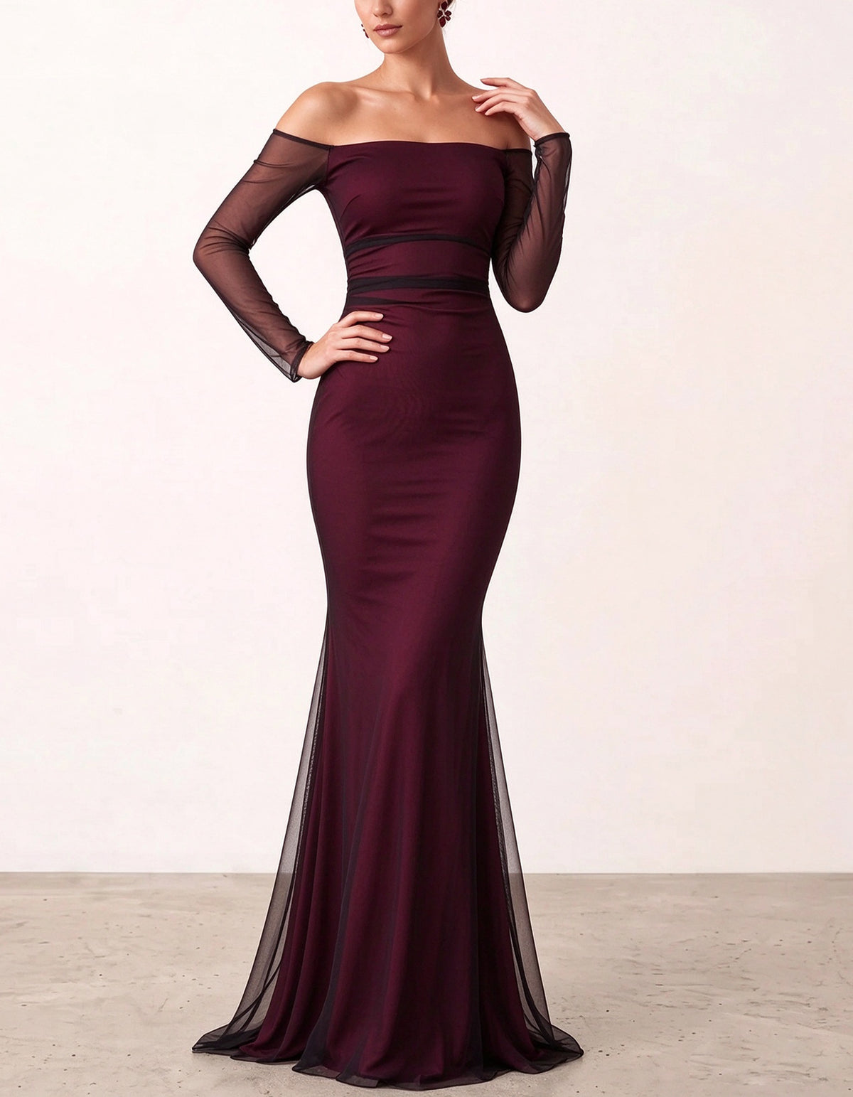 Burgundy Sheer Long Sleeve Maxi Dress