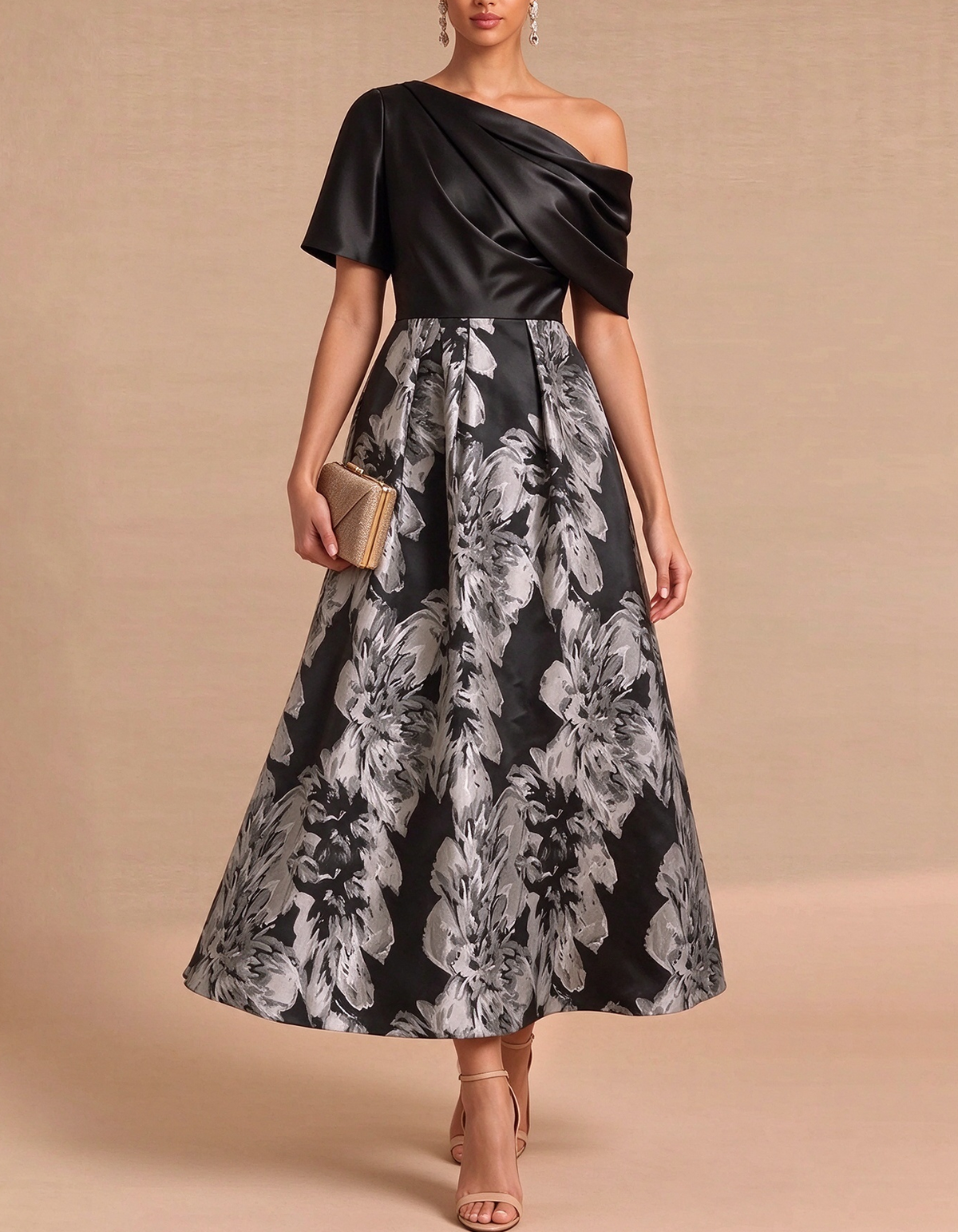 One Shoulder Draped Satin Floral Jacquard Midi Dress