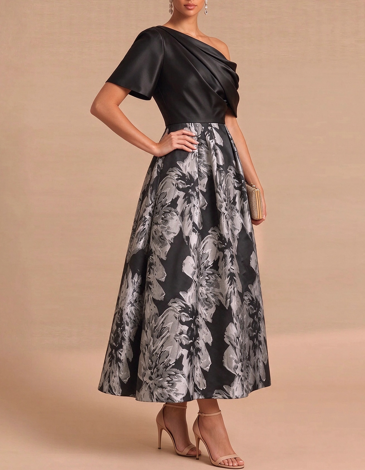 One Shoulder Draped Satin Floral Jacquard Midi Dress