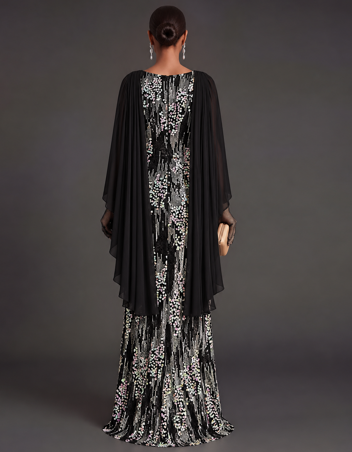 Draped Chiffon Cape Iridescent Sequin Maxi Dress
