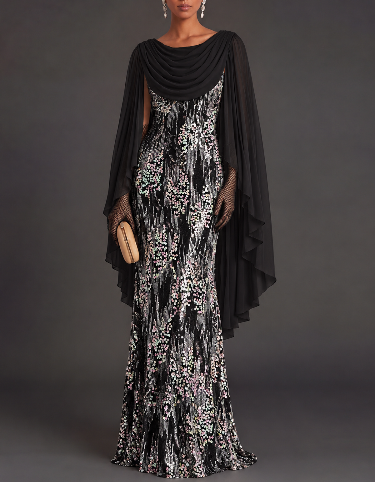 Draped Chiffon Cape Iridescent Sequin Maxi Dress