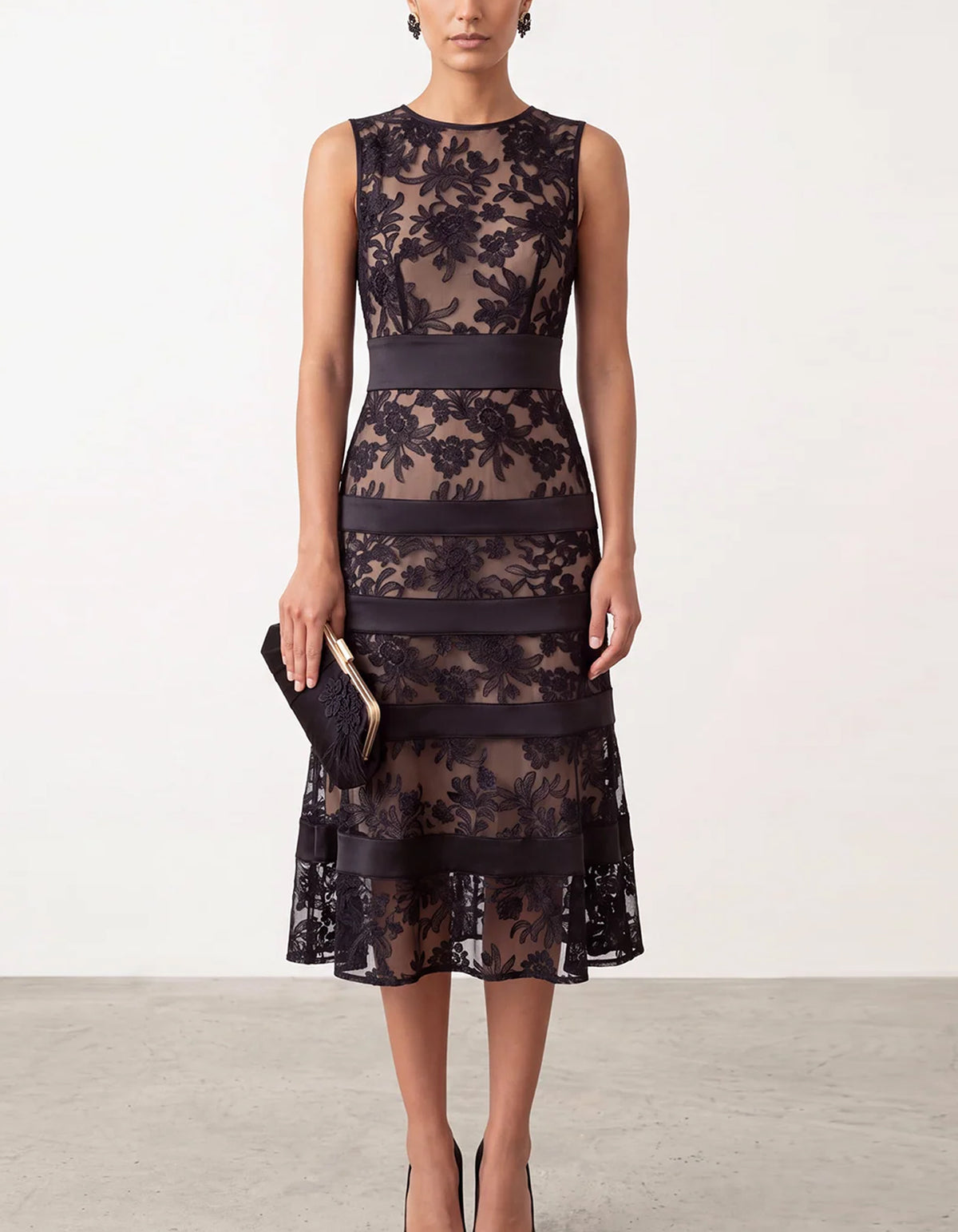 Black Sheer Floral Lace Midi Dress