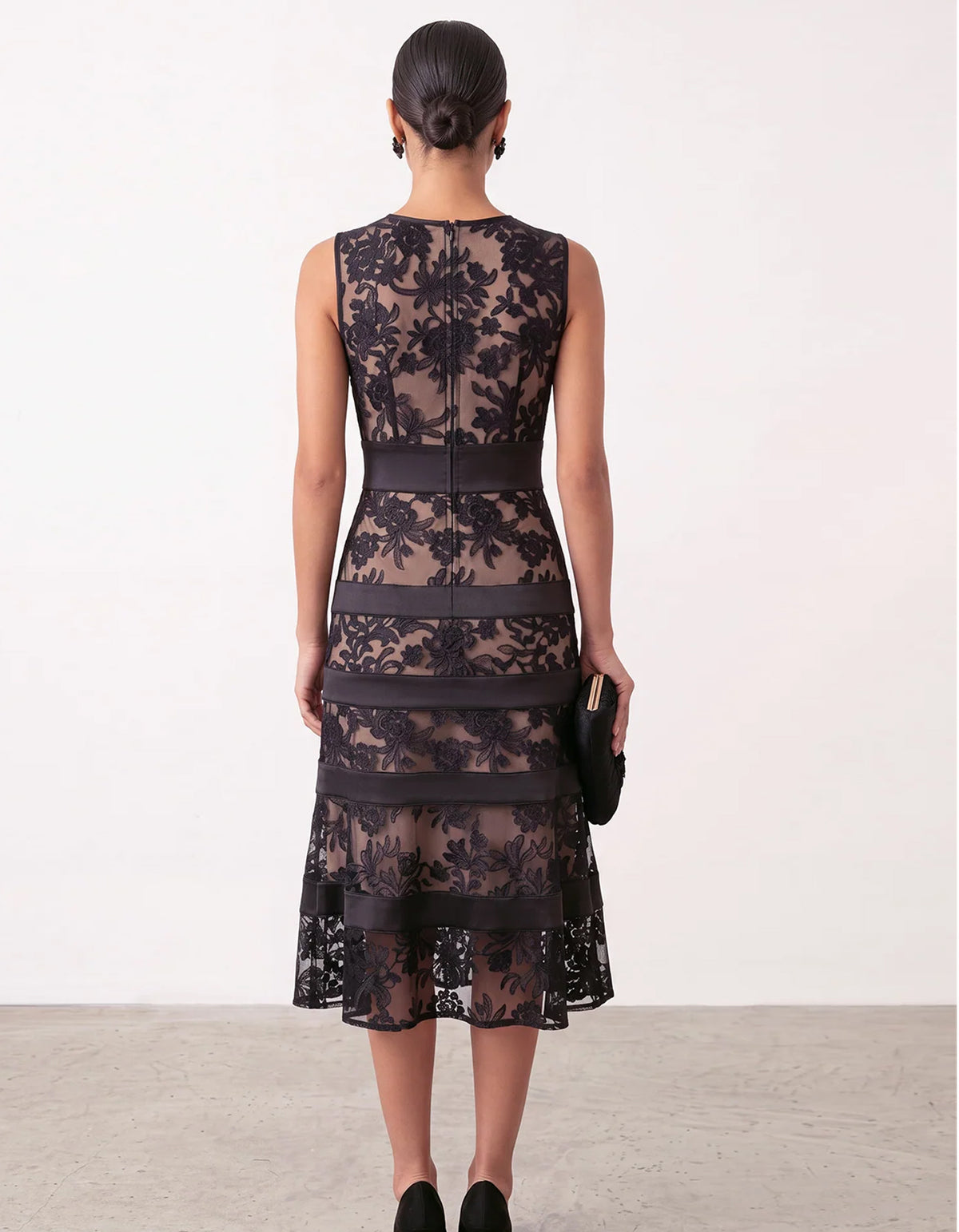 Black Sheer Floral Lace Midi Dress