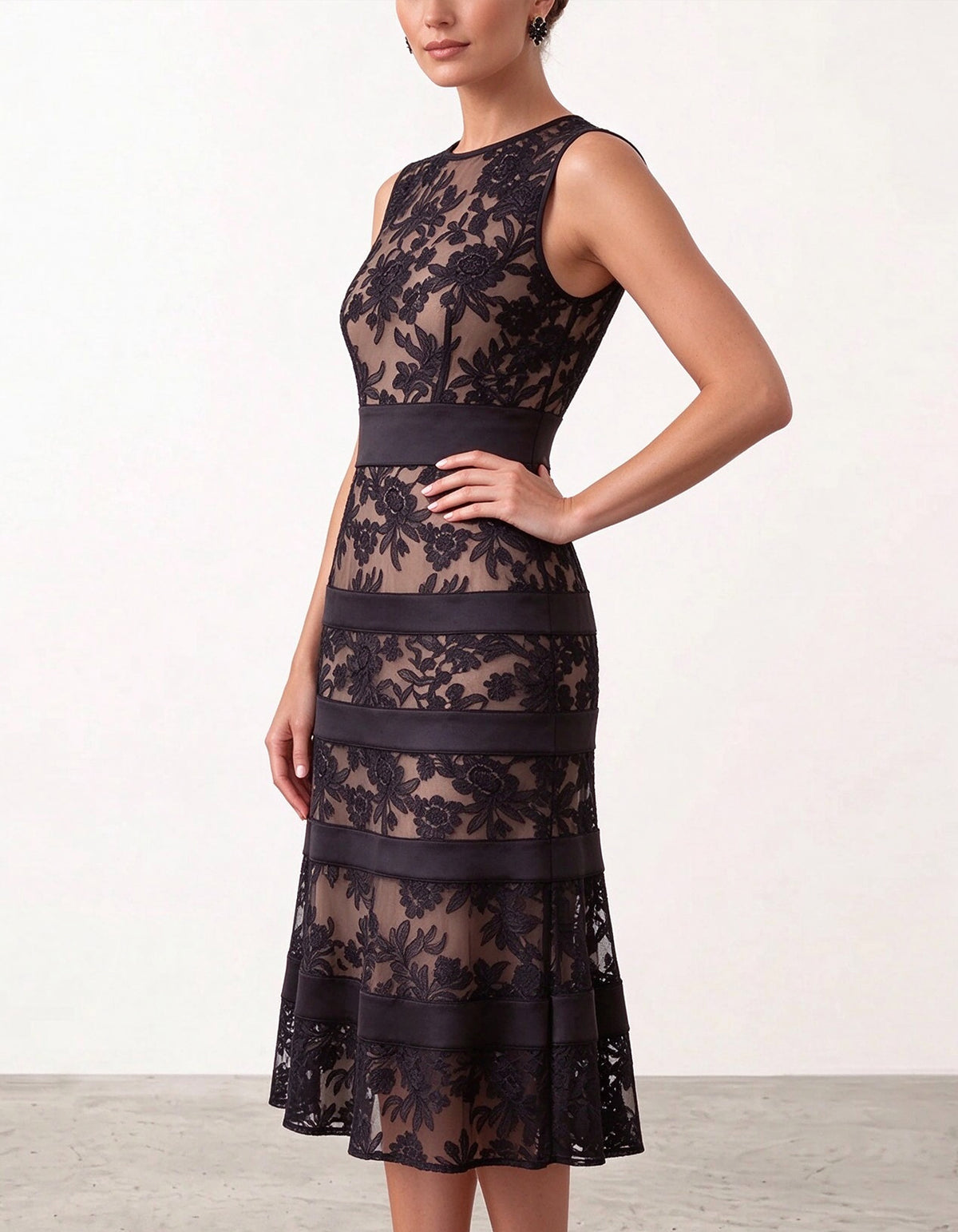 Black Sheer Floral Lace Midi Dress