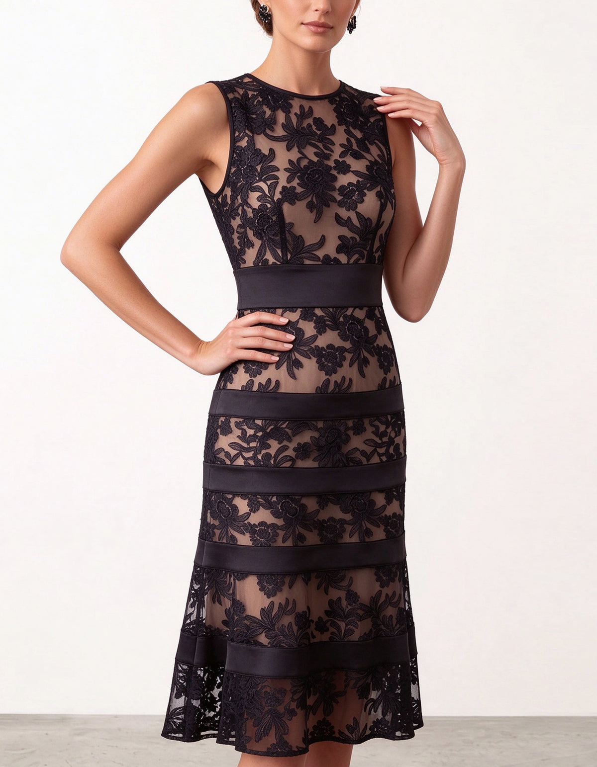 Black Sheer Floral Lace Midi Dress