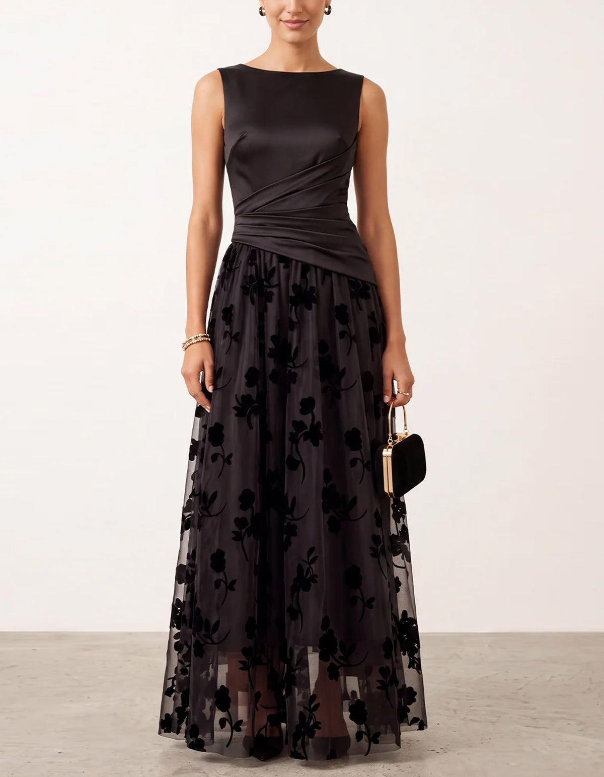 Solid Color Satin And Floral Tulle Maxi Dress