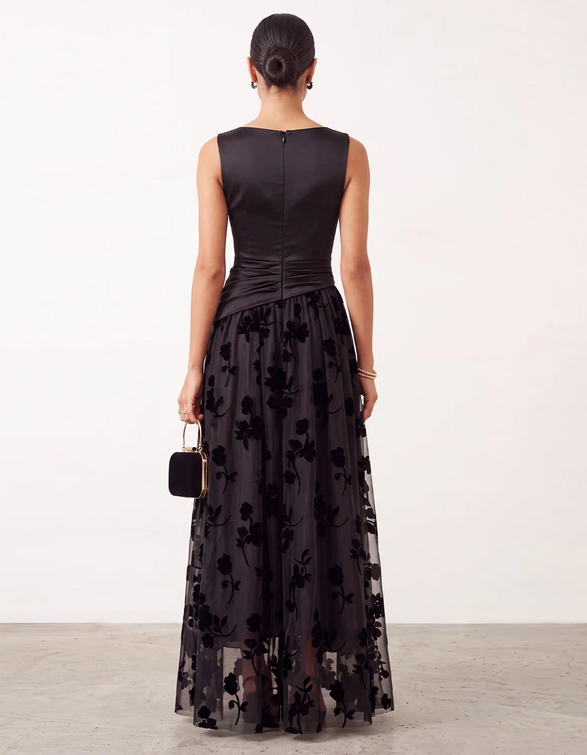 Solid Color Satin And Floral Tulle Maxi Dress