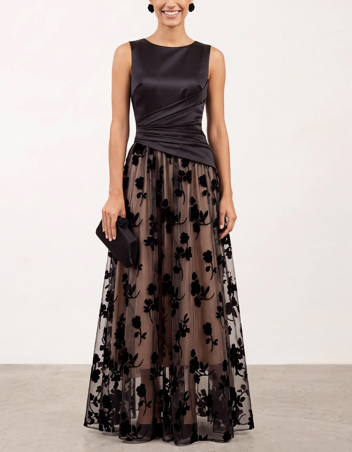 Solid Color Satin And Floral Tulle Maxi Dress