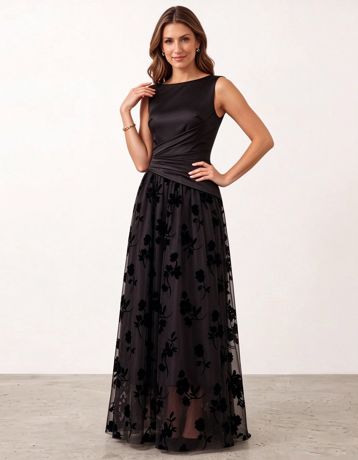 Solid Color Satin And Floral Tulle Maxi Dress