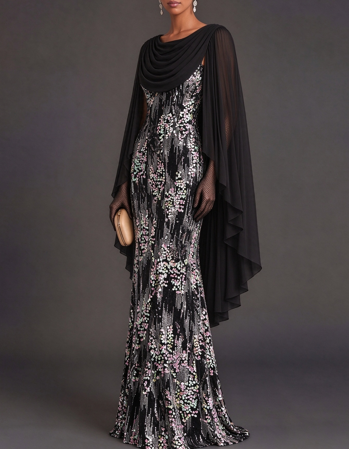 Draped Chiffon Cape Iridescent Sequin Maxi Dress