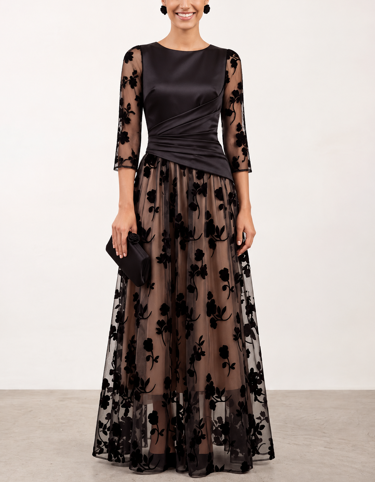 Black Satin Wrap Floral Tulle A-Line Maxi Dress