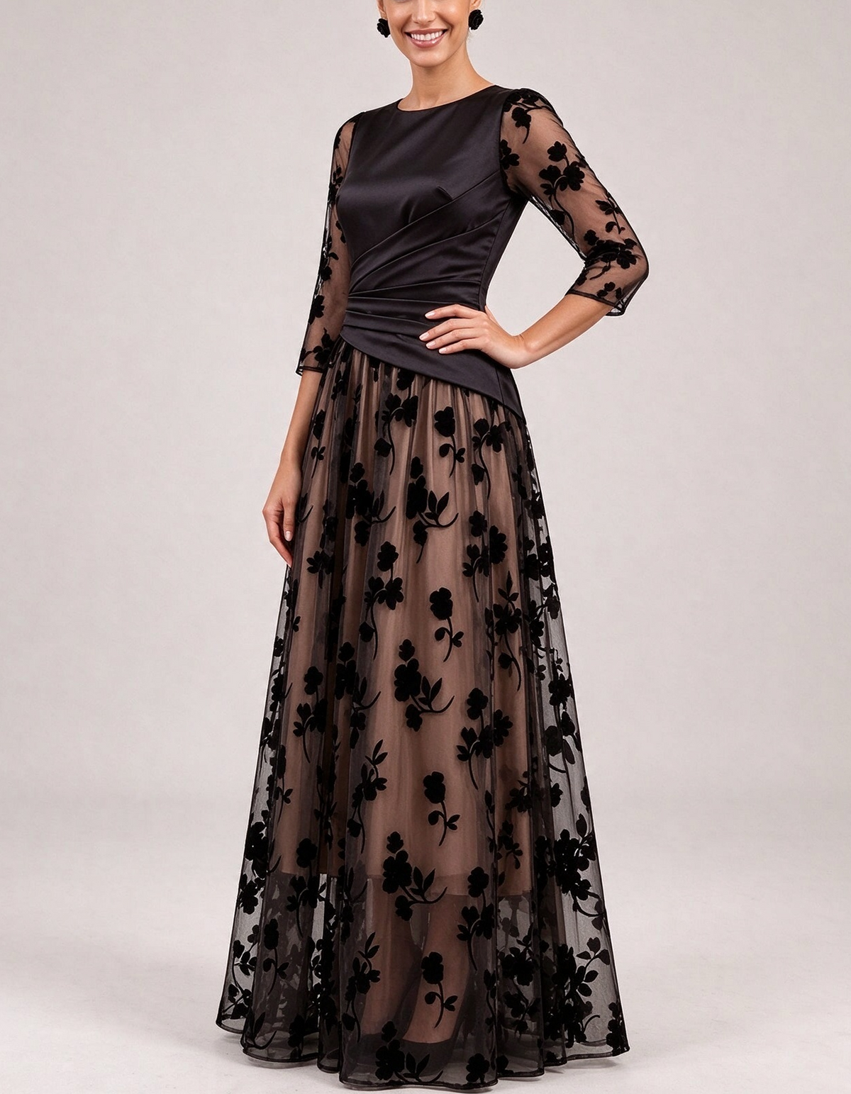 Black Satin Wrap Floral Tulle A-Line Maxi Dress