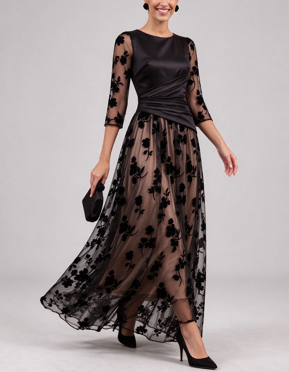 Black Satin Wrap Floral Tulle A-Line Maxi Dress