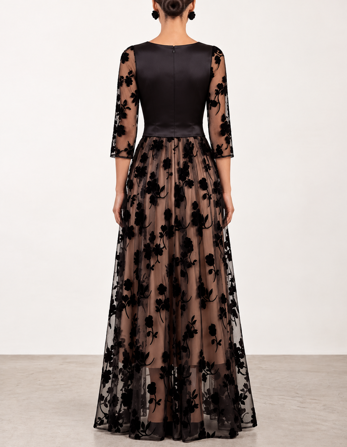 Black Satin Wrap Floral Tulle A-Line Maxi Dress