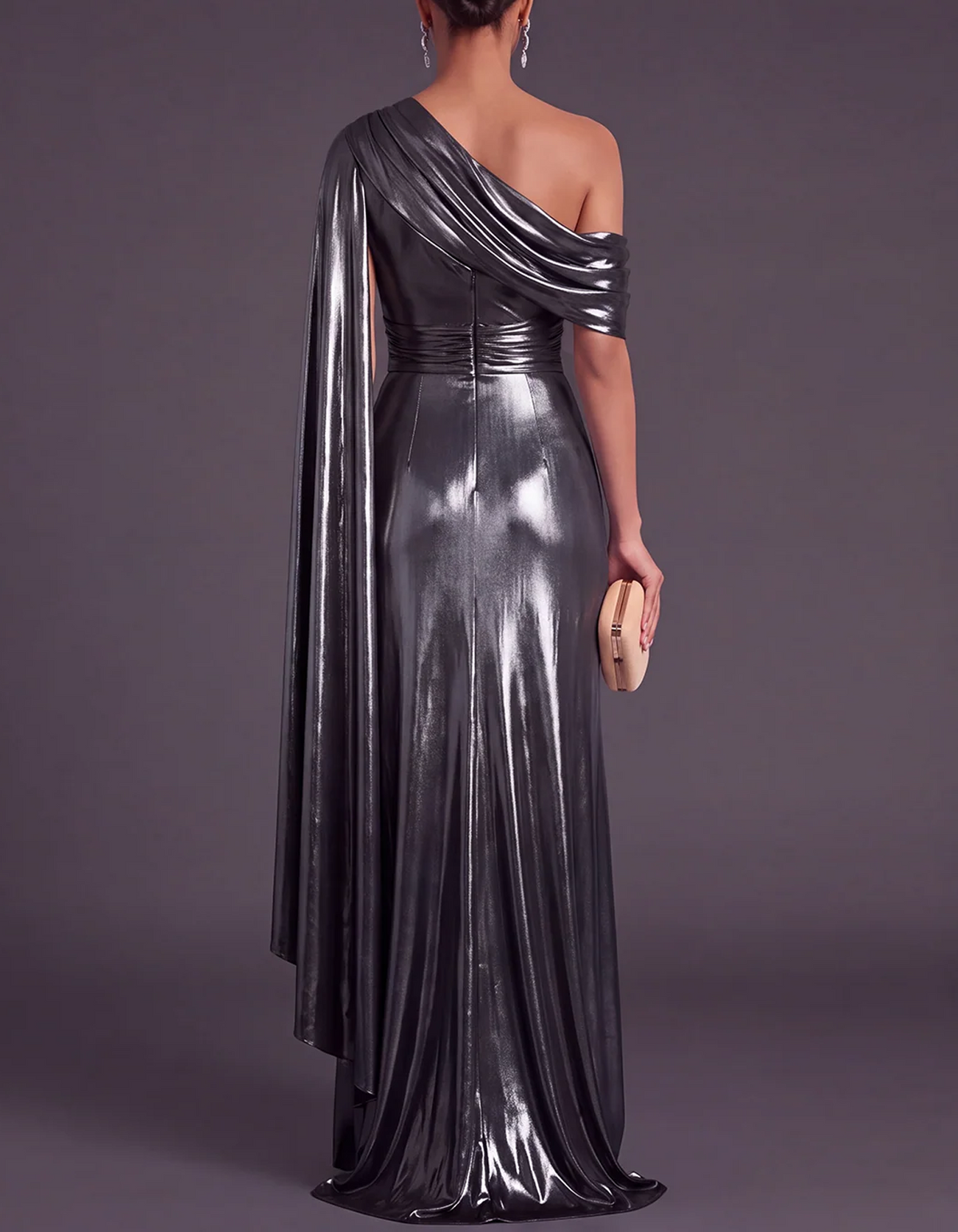 One Shoulder Metallic Lamé Cape Sleeve Slit Sheath Maxi Dress