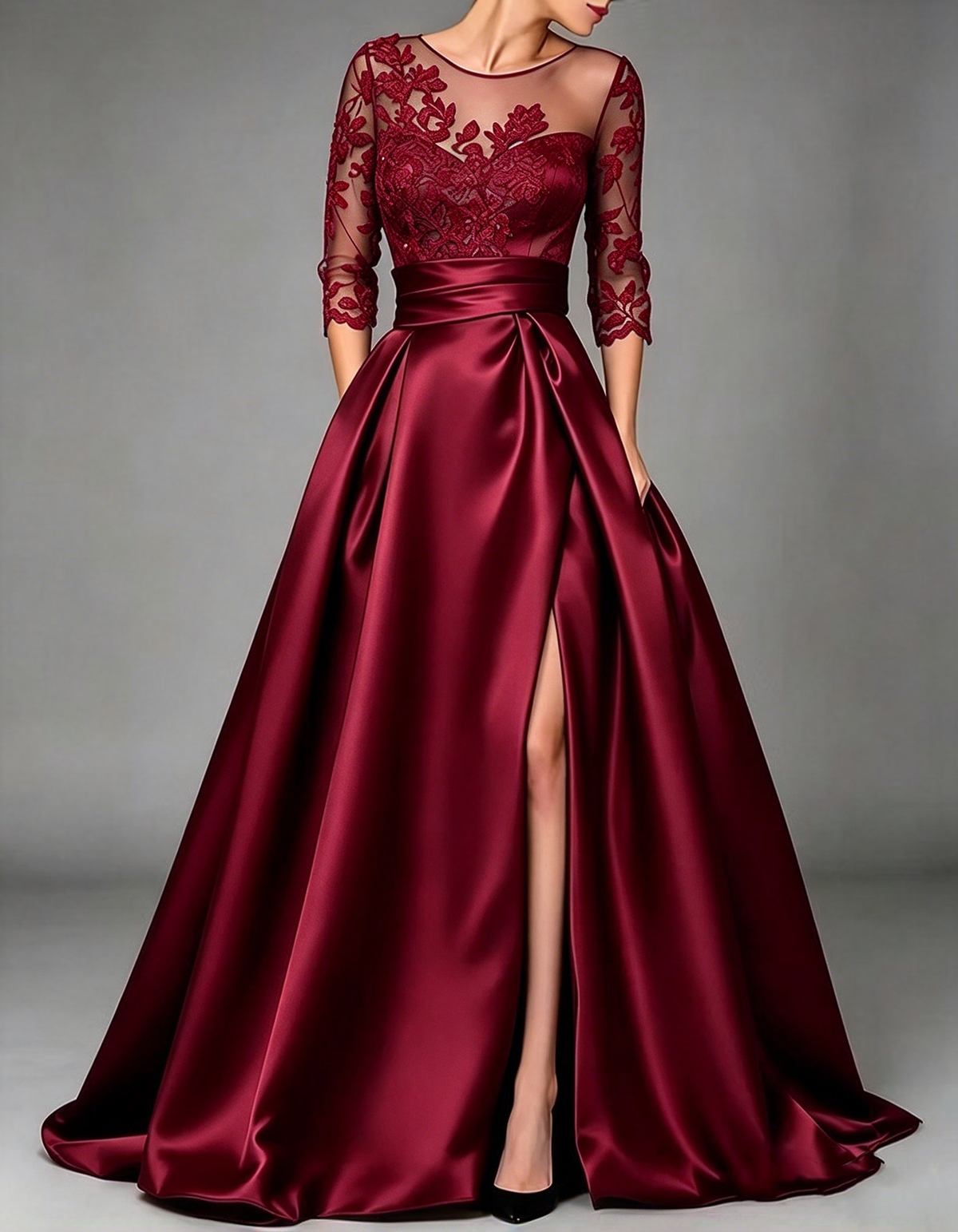 Navy Blue Illusion Round‑Neck Three‑Quarter Lace Sleeve Satin A‑Line Maxi Dress