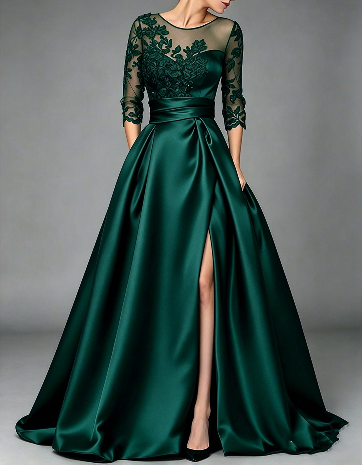 Navy Blue Illusion Round‑Neck Three‑Quarter Lace Sleeve Satin A‑Line Maxi Dress