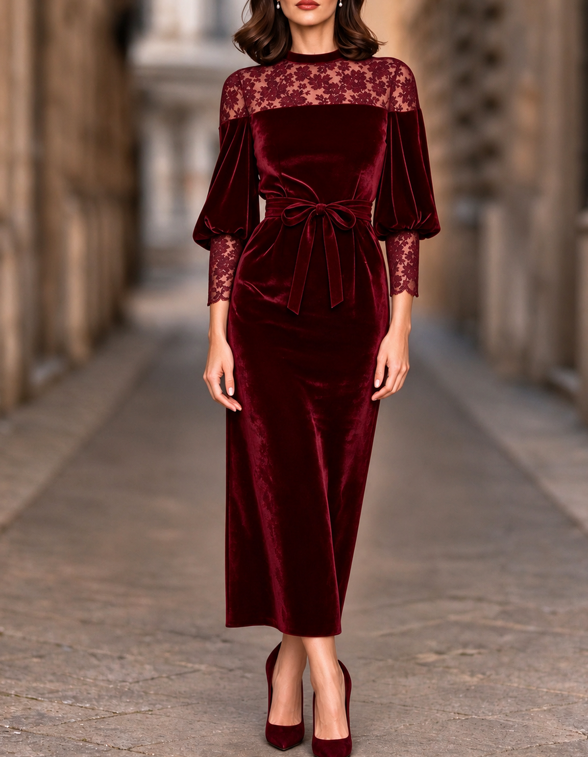 Velvet Floral Lace Lantern Sleeve Midi Dress