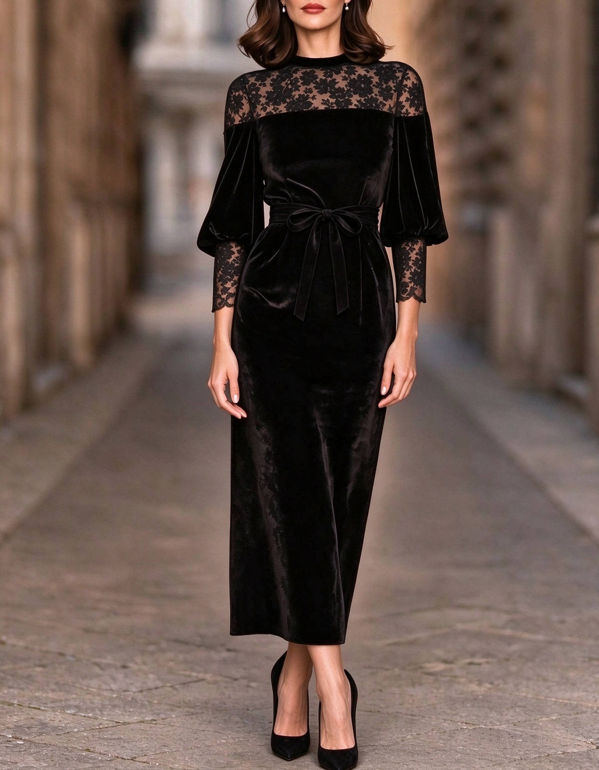 Velvet Floral Lace Lantern Sleeve Midi Dress