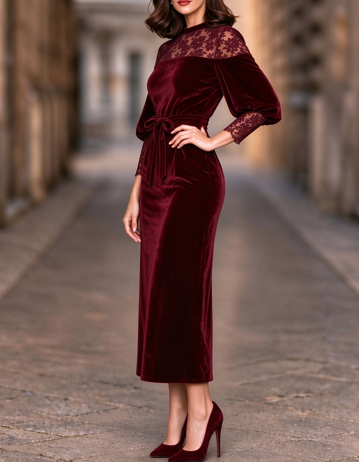 Velvet Floral Lace Lantern Sleeve Midi Dress