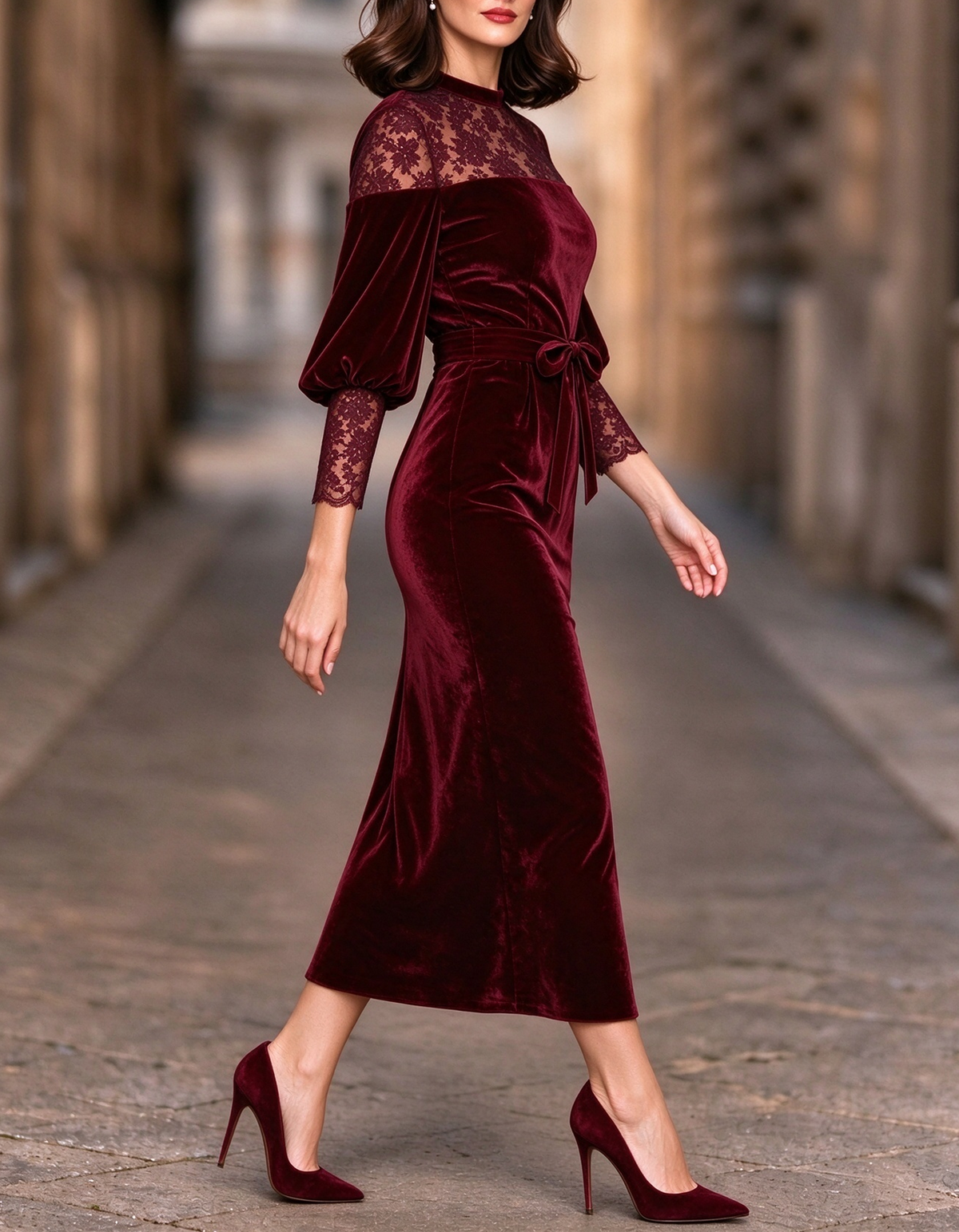 Velvet Floral Lace Lantern Sleeve Midi Dress