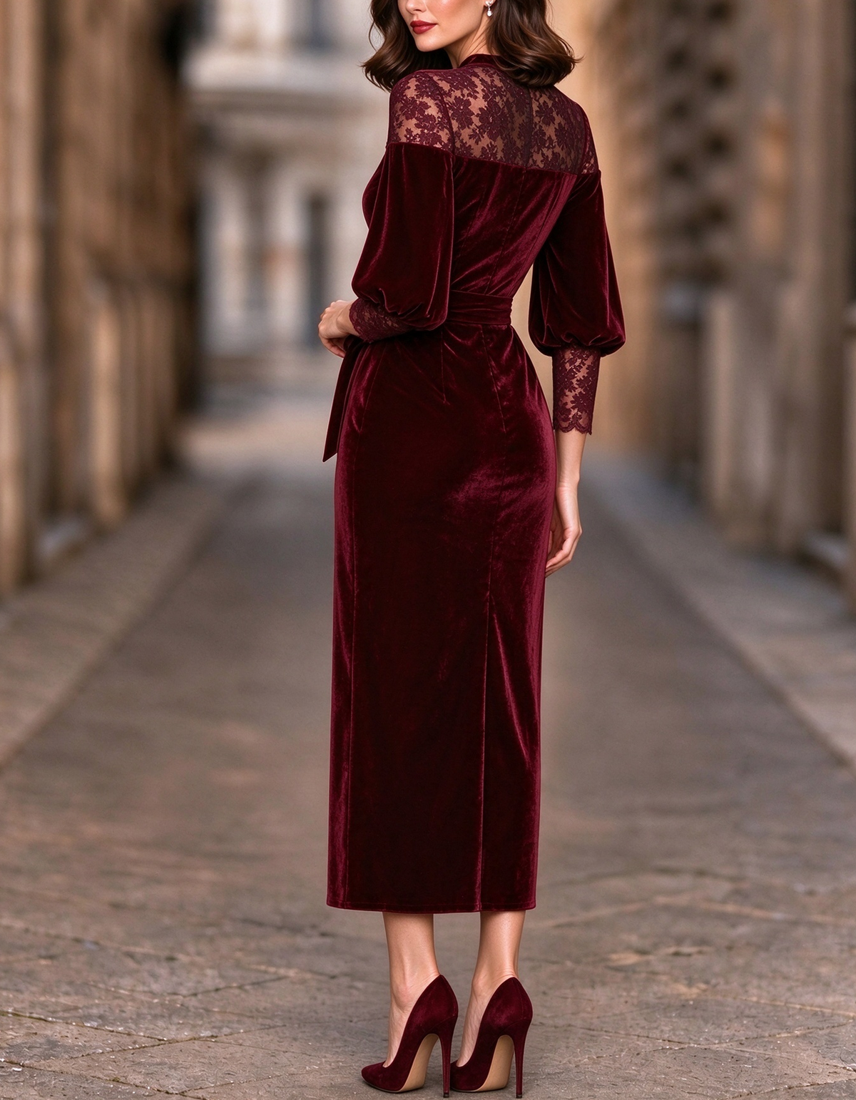 Velvet Floral Lace Lantern Sleeve Midi Dress