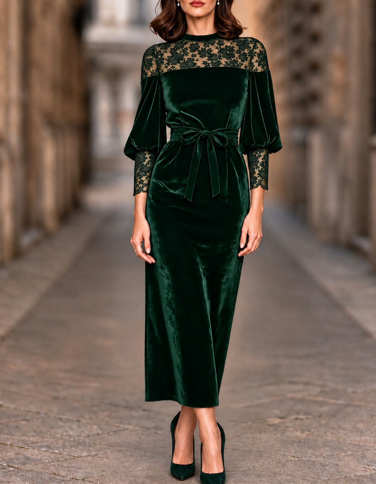 Velvet Floral Lace Lantern Sleeve Midi Dress