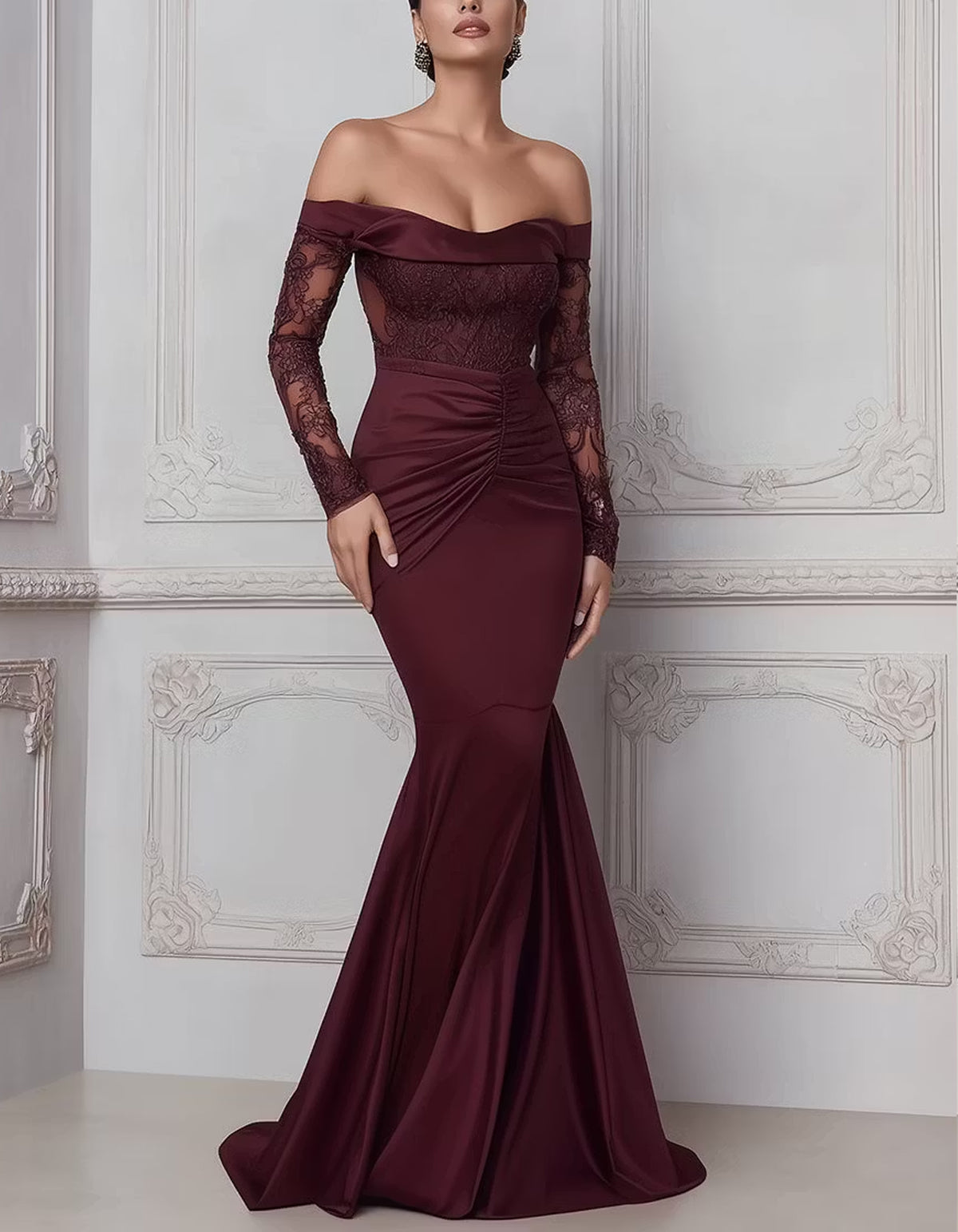 Burgundy Lace And Satin Mermaid Style Maxi Dress