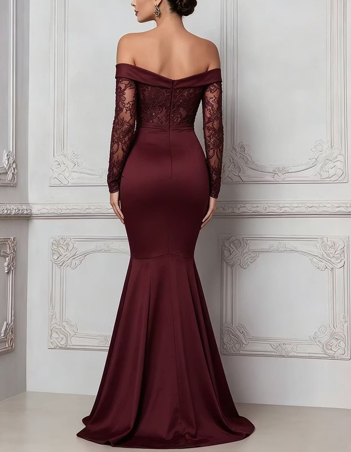 Burgundy Lace And Satin Mermaid Style Maxi Dress