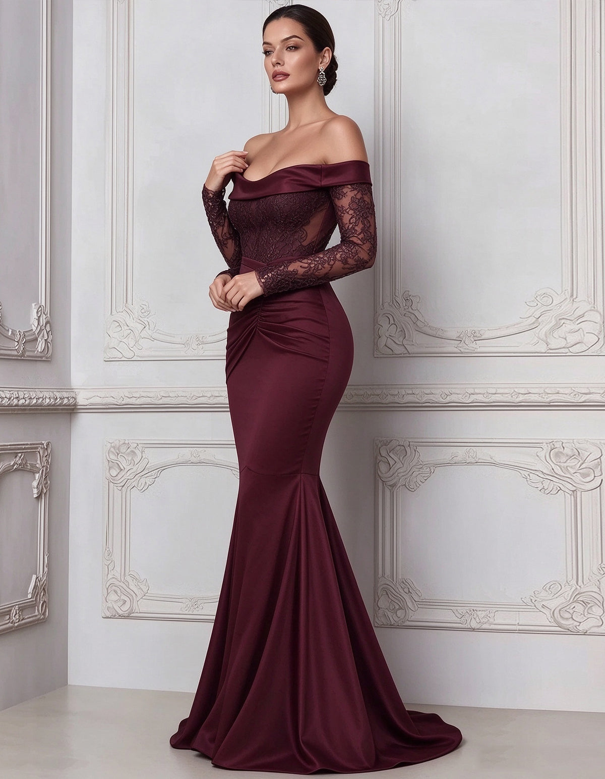 Burgundy Lace And Satin Mermaid Style Maxi Dress