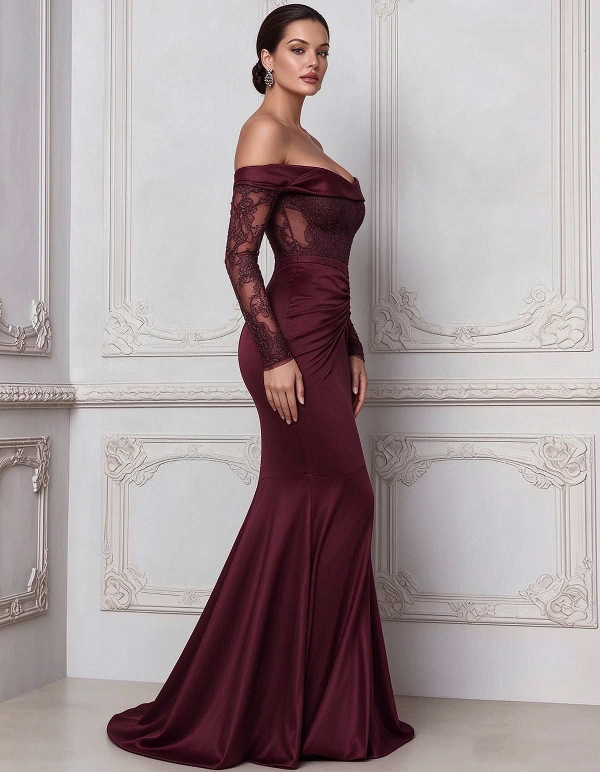 Burgundy Lace And Satin Mermaid Style Maxi Dress